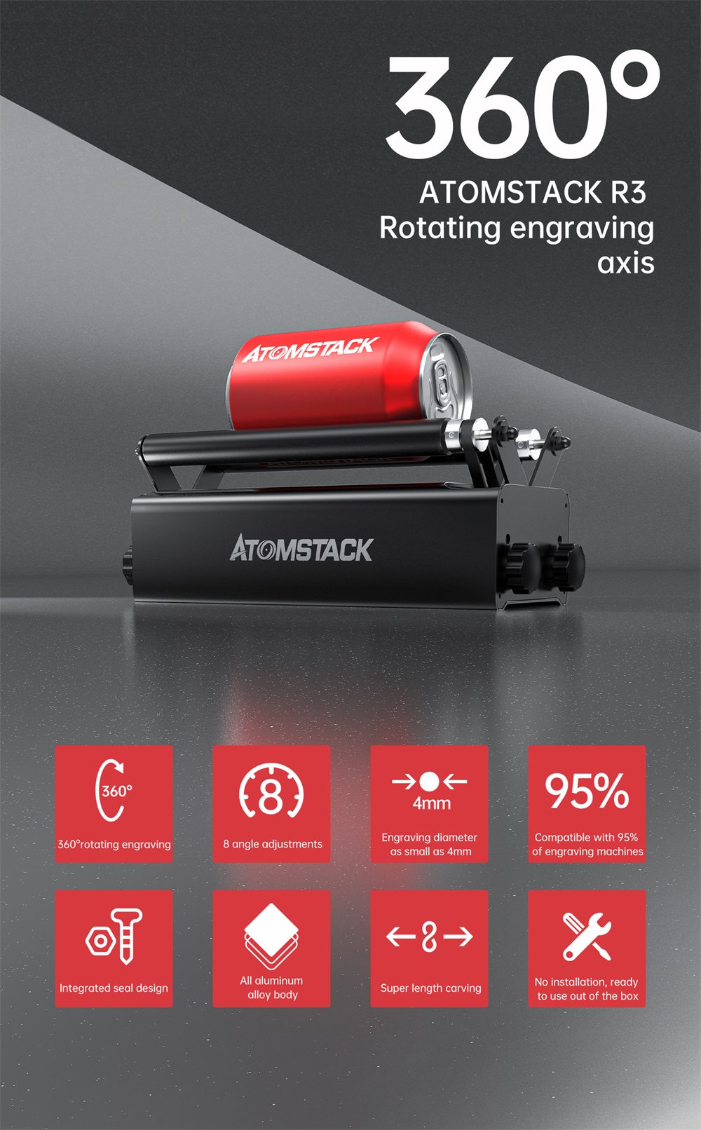 ATOMSTACK R3 Automatic Rotary Roller for Laser Engraving Machine Wood Cutting Design Desktop DIY Laser Engraver