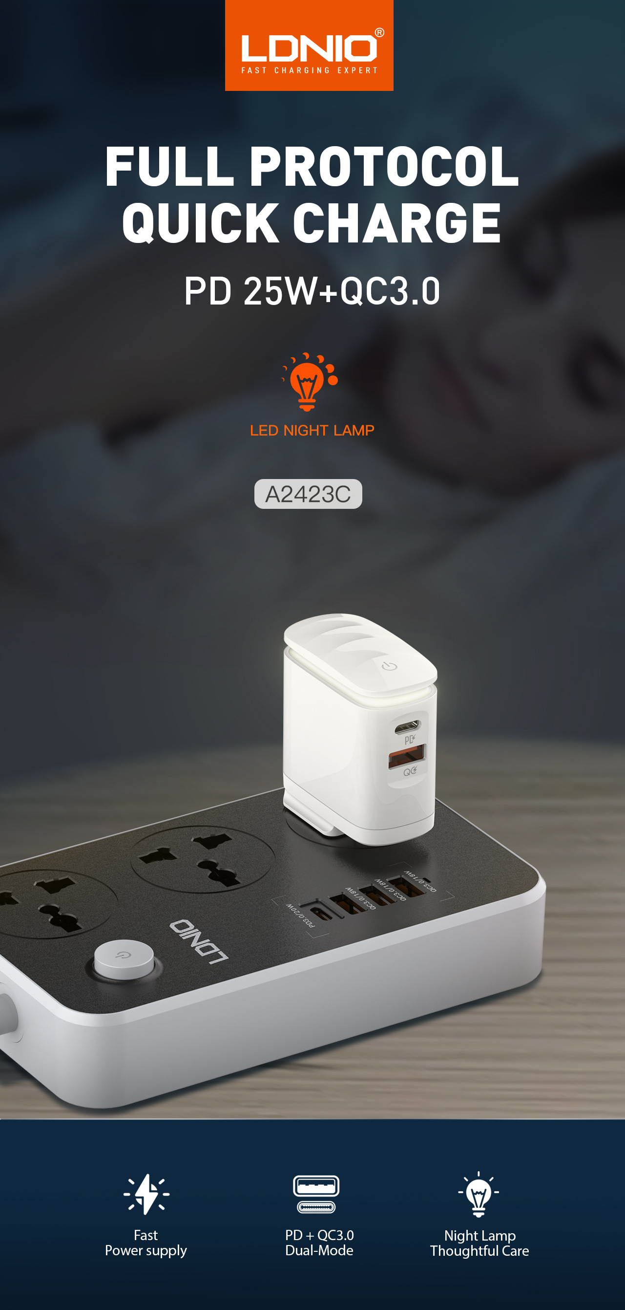LDNIO 25W PD 18W QC3.0 Wall Charger With Night Light For Samsung Galaxy S22 Galaxy Note 20 For iPhone 13 13 Mini 13 Pro Max Xiaomi Mi 11 Huawei P50 Pro