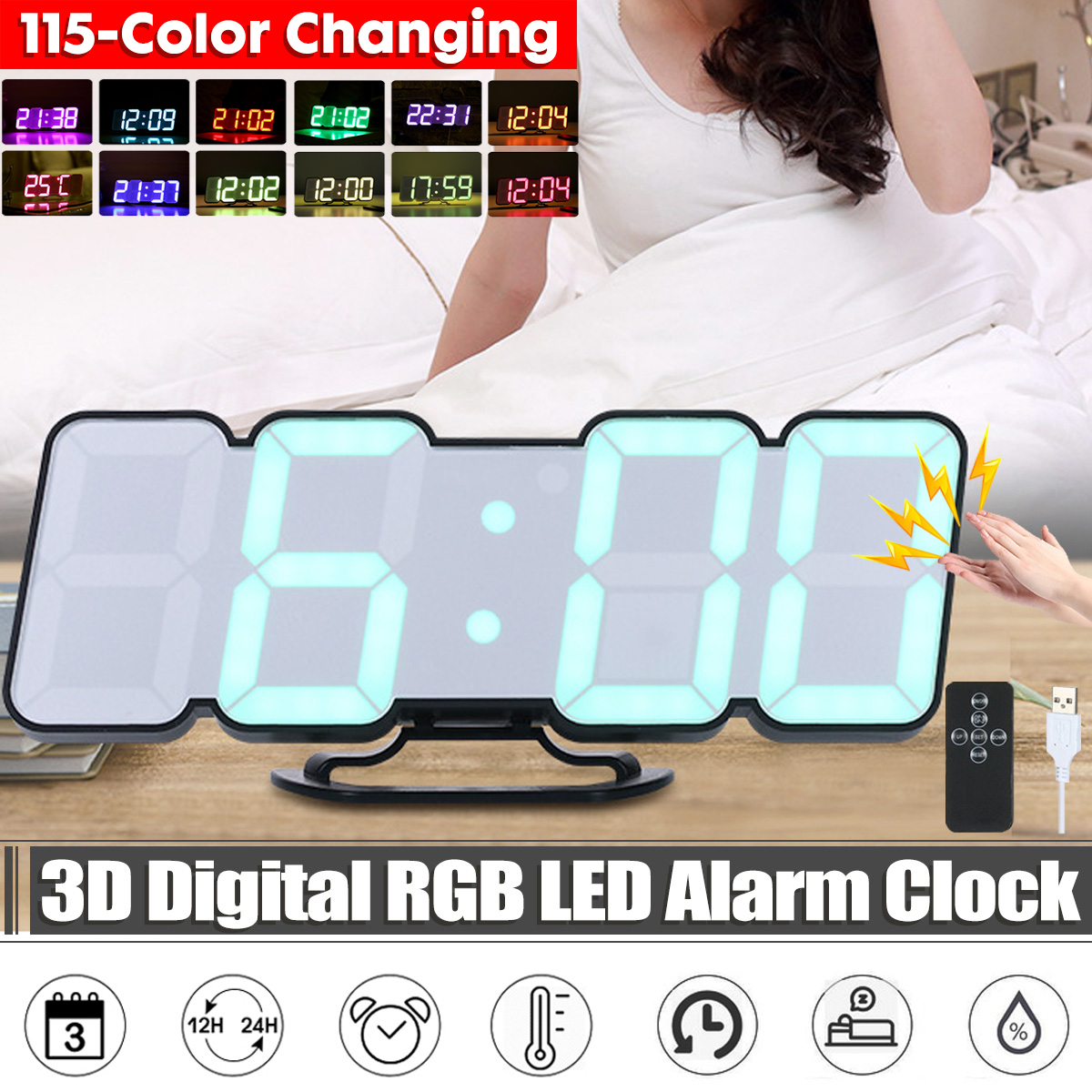 30 Digital RGB LED Alarm Clock Remote Control Temperature Humidity Desktop Alarm Clock Voice Control Wall Mounted Clock