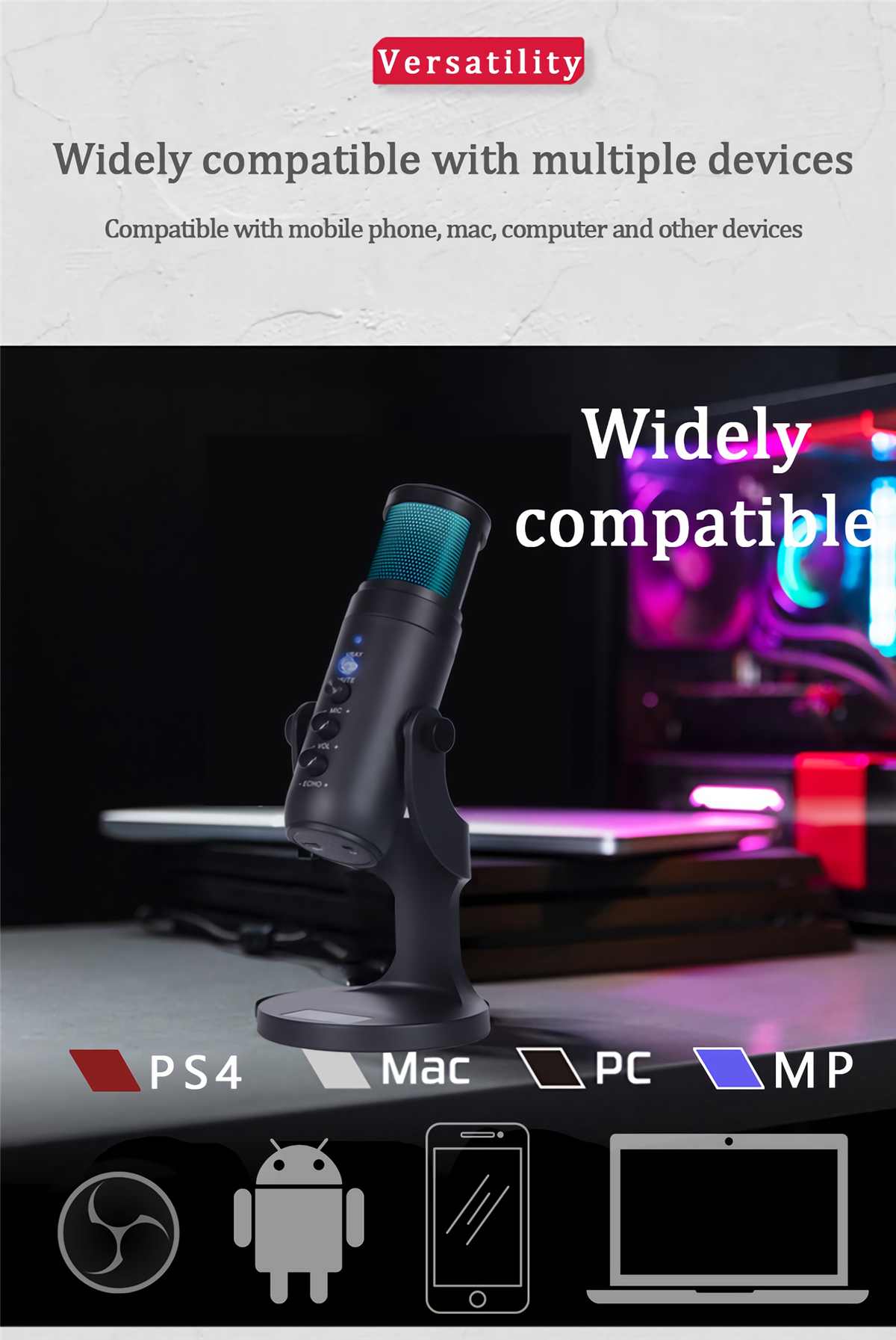 JD-950 USB Microphone Stand Gaming Live Streaming RGB Light Condenser Microphone for Recording PC Computer