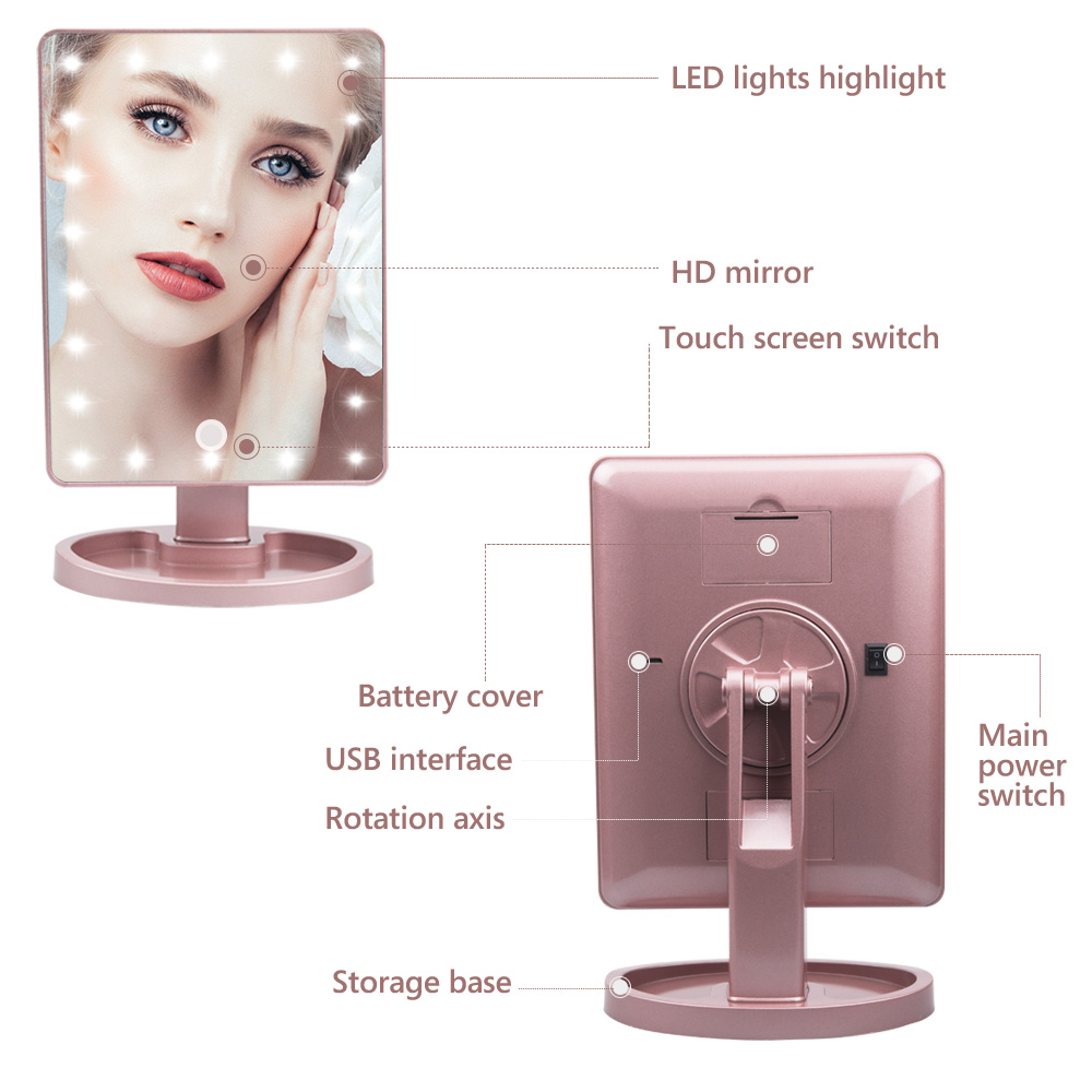 22 LED Tela sensível ao toque leve Maquiagem Espelho 10X Lupa Espelho de maquilhagem compacto Espelhos de cosméticos flexíveis