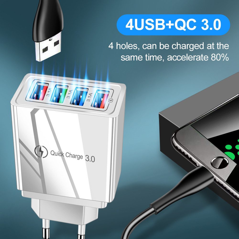 USLION 3.1A 4 USB Ports QC 3.0 Travel Fast Charger EU Wall Adapter For iPhone 14 14 Plus 14 Pro Max for iPad Pro For Samsung Galaxy S22 Ultra Galaxy Z Flip 4 For Xiaomi Mi 12T Redmi Note 12 Huawei P50