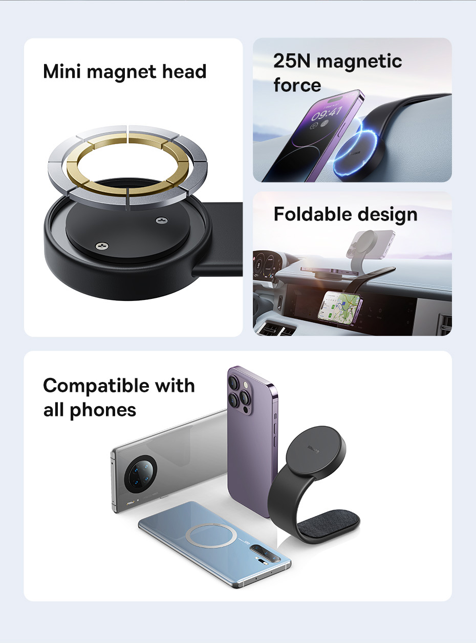 Baseus C02 Foldable Design with Magnetic Attachment Car Phone Holder for iPhone 14 Pro Max for Huawei Mate50 for Oppo Reno9 for Redmi K60 for Samsung Galaxy S23