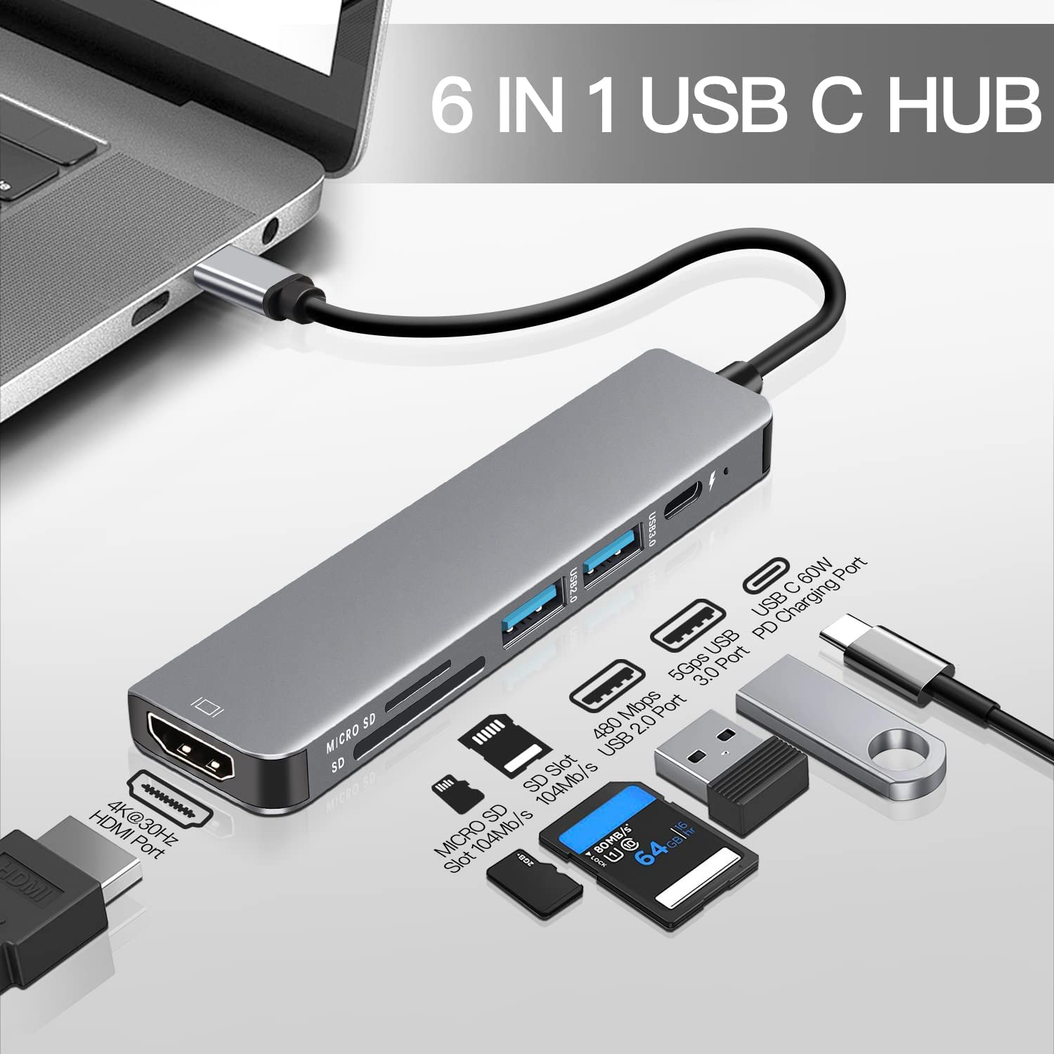 Bakeey 6-in-1 USB-C Hub Adapter HDMI 4K@30Hz USB3.0 USB-C  Docking Station 100W PD Charging SD Reader Witch Splitter for Apple Huawei Laptops Macbook