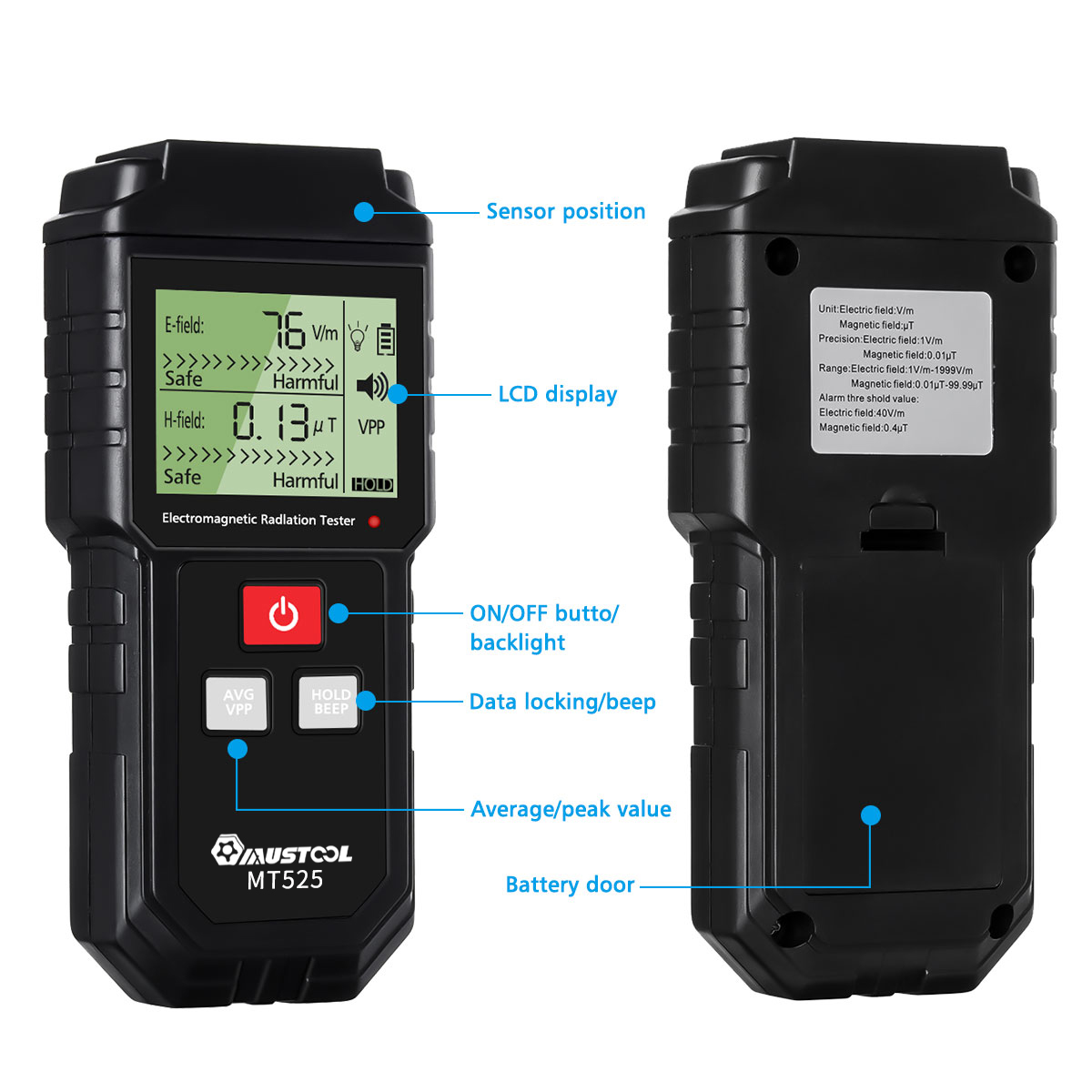 MUSTOOL MT525 Electromagnetic Radiation Tester Electric Field & Magnetic Field Dosimeter Tester Sound and Light Alarm 52