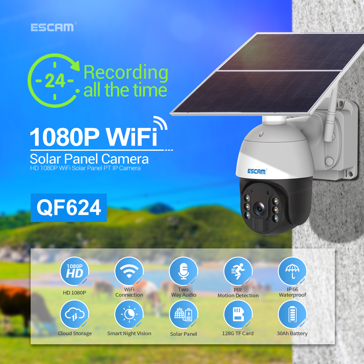 ESCAM QF624 HD 1080P WiFi Solar Panel PT IP Camera Cloud Storage Battery Solar Powered Pan/Tilt Monitoring Waterproof IP66