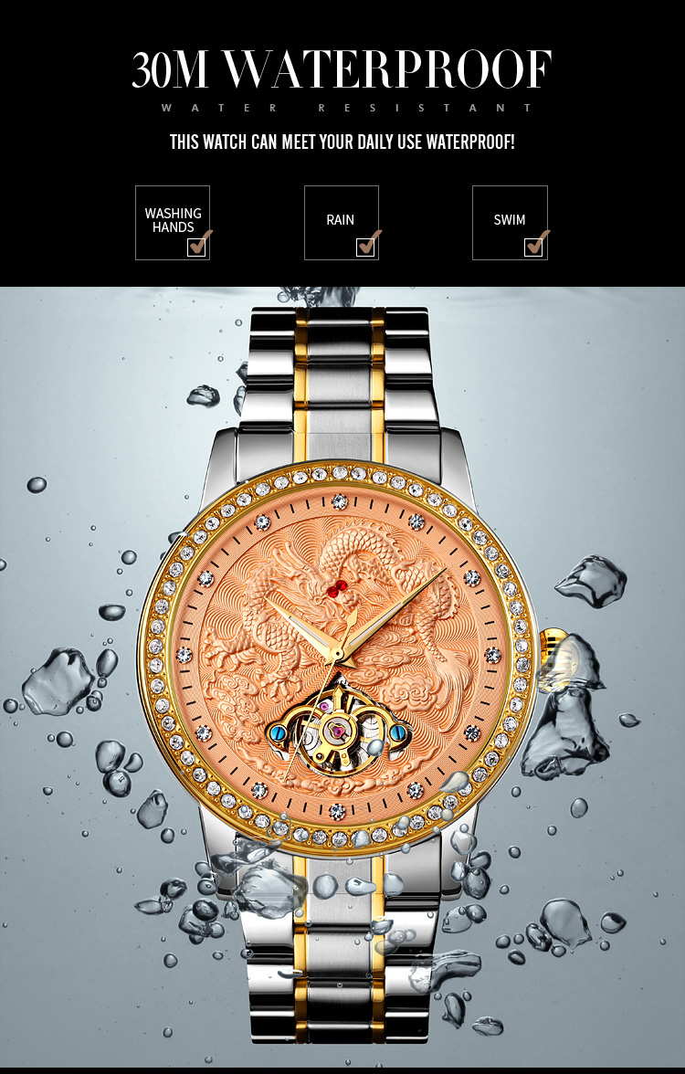 SKMEI 9219 Fashion Men Automatic Watch Dragon Diamond Hollow Big Dial Hardlex Glass Waterproof Mechanical Watch