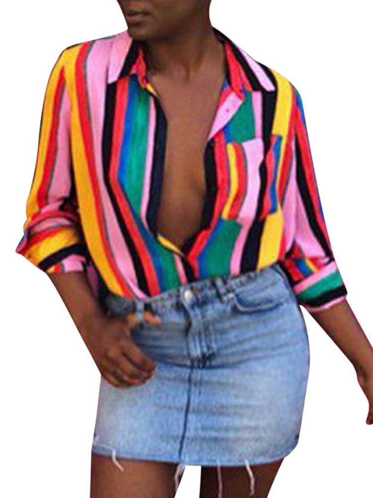 Women Rainbow Stripe Sexy V-neck Long Sleeve Blouse