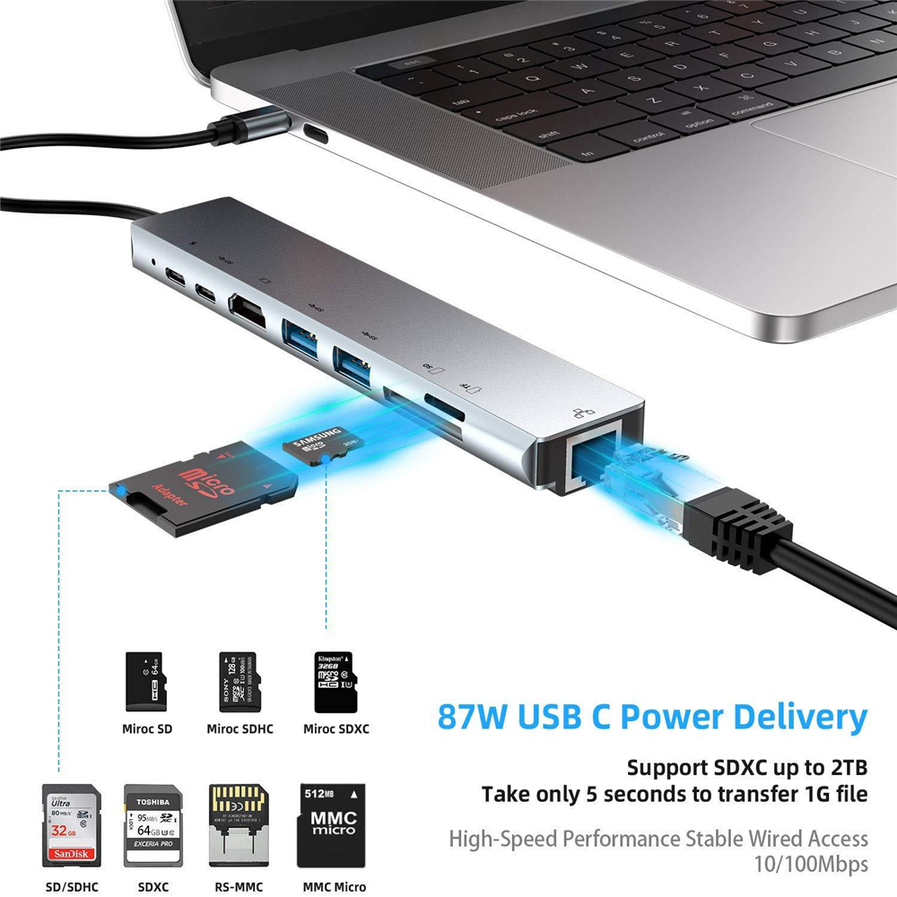 Bakeey PB-C7366 8-in-1 USB-C Hub Docking Station Adapter With 4K HDMI HD Display / 87W USB-C PD3.0 Power Delivery / USB-C Data Transmission / 2 * USB 3.0 / RJ45 Ethernet / Memory Card Readers