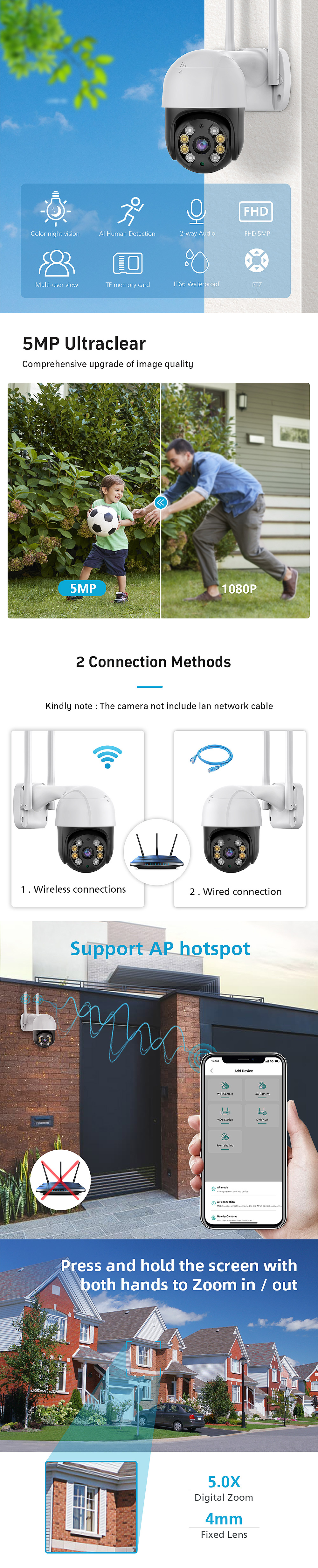 1080P PTZ Wifi IP Camera Outdoor Wireless PTZ Surveillance Security Video Cam Intelligent Two-Way Audio Night Vision Remote APP Monitoring Notifications Push Camera for Home Safety