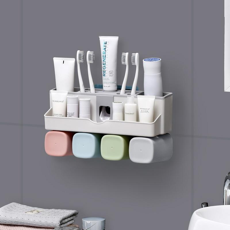 Toothbrush Holder Set Storage Suplies Save Space No Drill Wall Mount Toothpaste Dispenser Multi-Functional Slots Bathroom Strong Traceless Hander