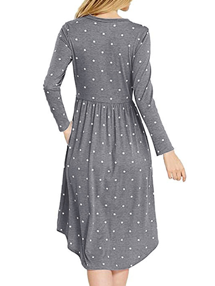 Casual Long Sleeve O-neck Polka Dot Print A-Line Dress