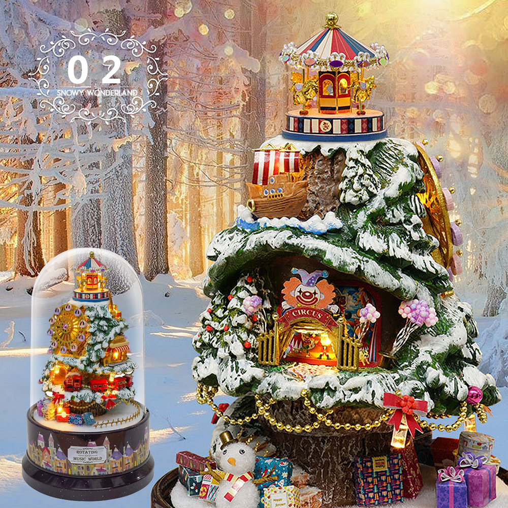 Beautiful Cabins DIY Doll House Miniature Rotating Music Kit With Transparent Cover Musical Core Gift(Meet At The Corner/Snowy Wonderland/Garden Diary/Dream Of Sky/Forest Whim)