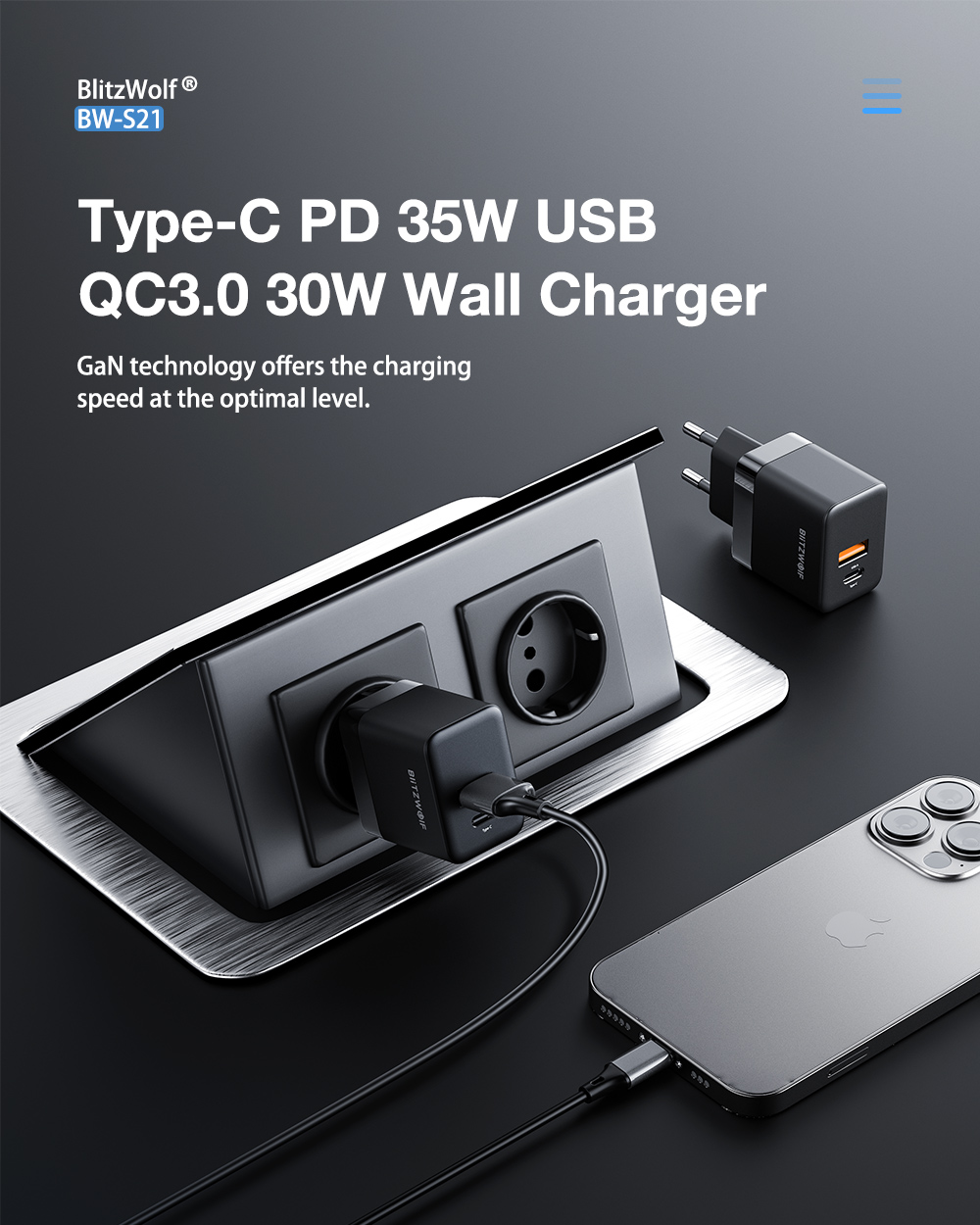 BlitzWolf® BW-S21 Mini 35W GaN Wall Charger 35W PPS PD3.0 Type-C & 30W QC3.0 AFC USB-A Fast Charging EU Plug Adapter For iPhone 14 14 Plus 14 Pro Max For Samsung Galaxy S22 For iPad Pro 2021 MacBook Air