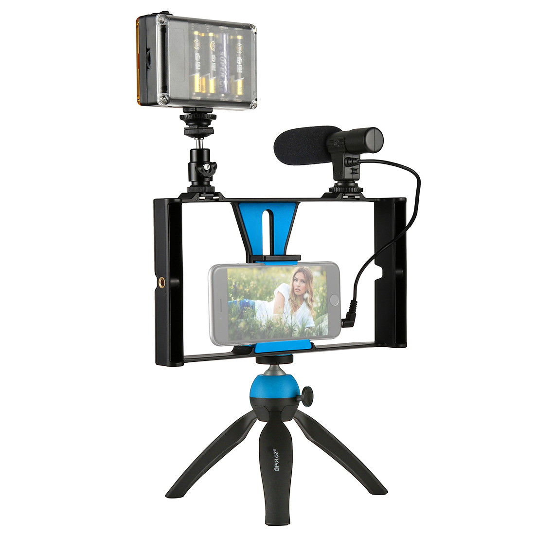 PULUZ PKT3023 Smartphone Video Rig LED Studio Light Video Shotgun Microphone Mini Tripod Mount Kits 