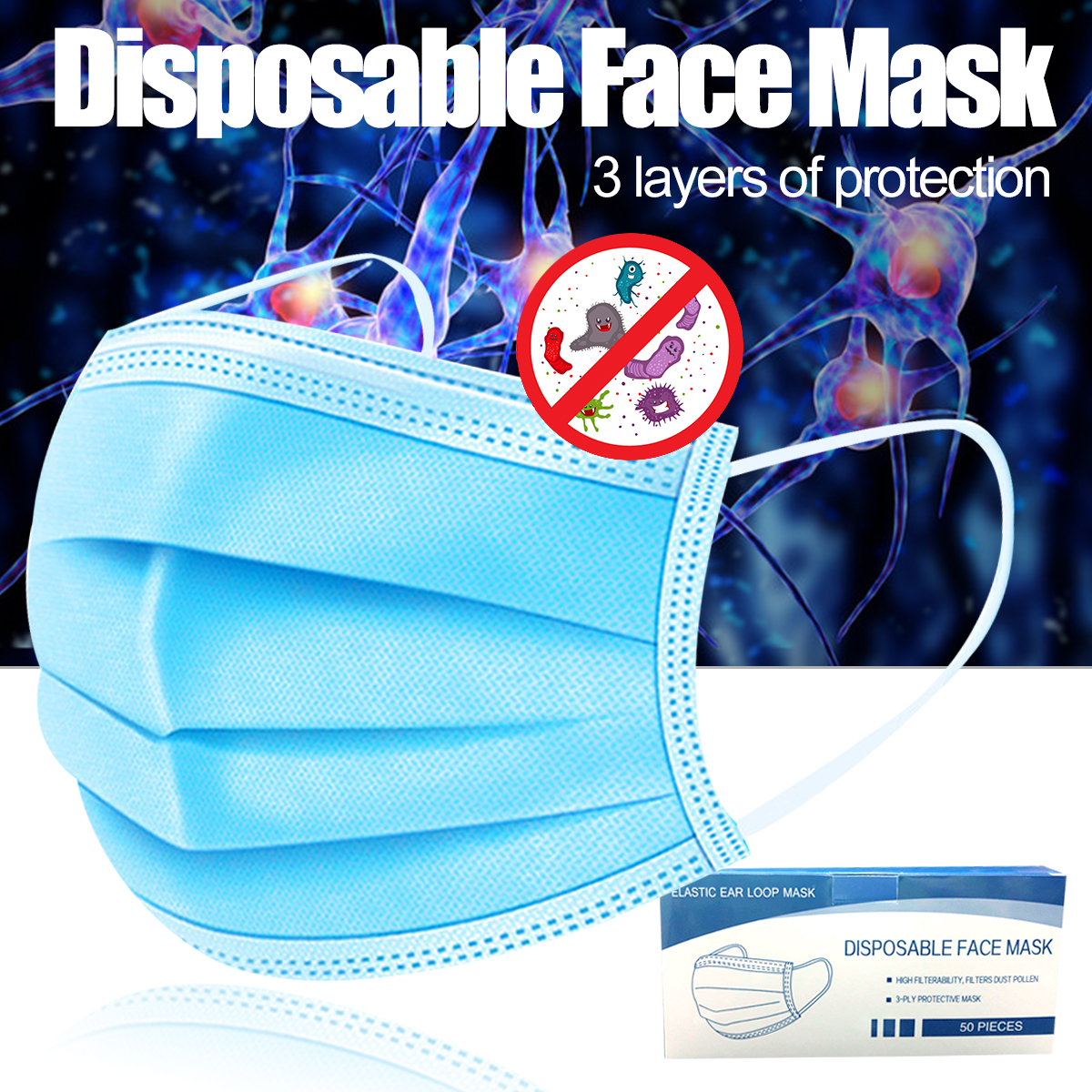 50pcs Face Mouth Masks Fast delivery Hot Sale 3-layer Mask Non Woven Disposable Anti-Dust Masks Earloops Masks