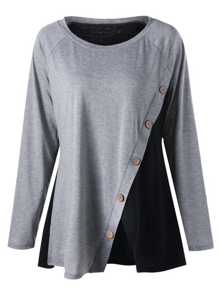 Women Casual Button O-neck Patchwork Long Sleeve T-shirts