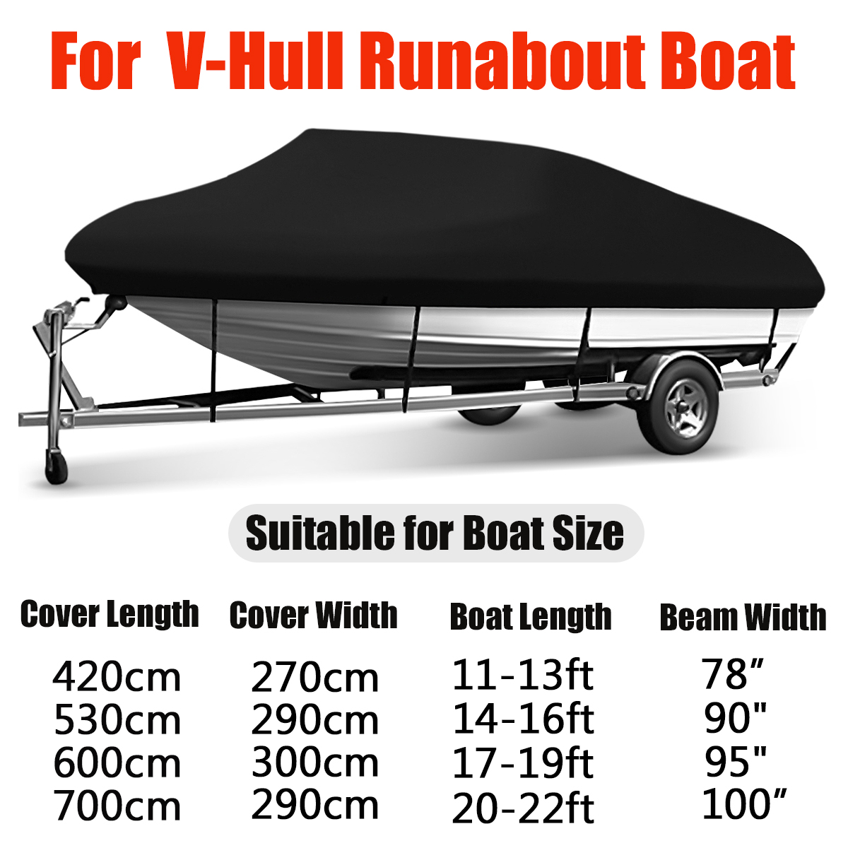 ELuto 11-13ft 14-16ft 17-19ft 20-22ft V-shape Boat Cover Waterproof UV-Protected Heavy Duty 210D Trailerable Canvas Black