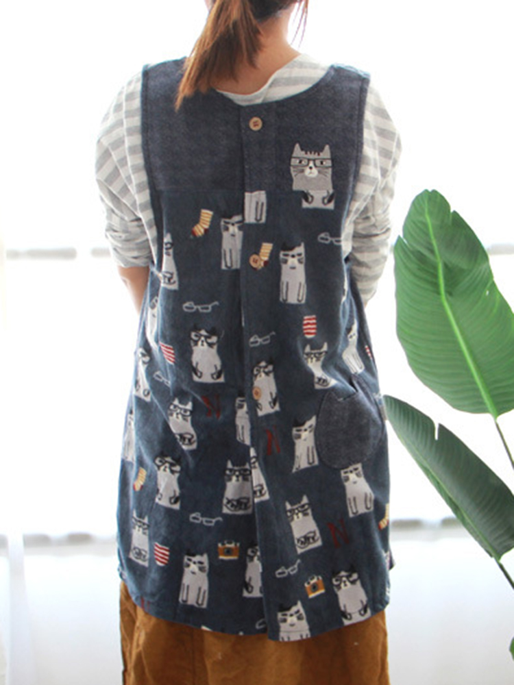 Cute Cat Printed Sleeveless Pocket Japanese Vintage Apron Dress