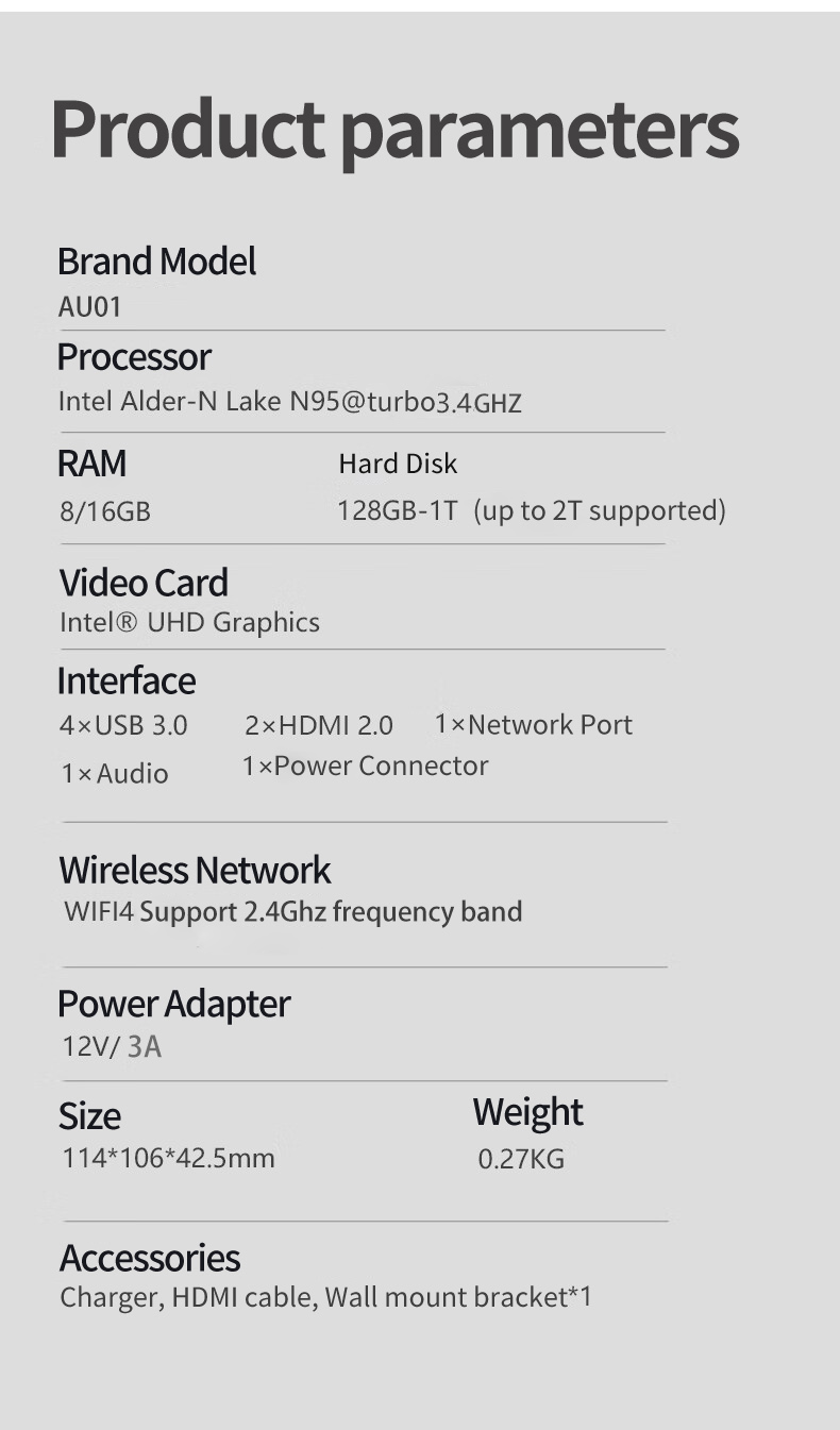 NVISEN AU01 Intel Alder-N Lake N95 Intel UHD Graphics Mini PC 8GB RAM 512GB SSD WiFi4 RJ45 1000M LAN HDMI HDMI2.0 4K 60Hz Windows11 Mini Gaming Computer
