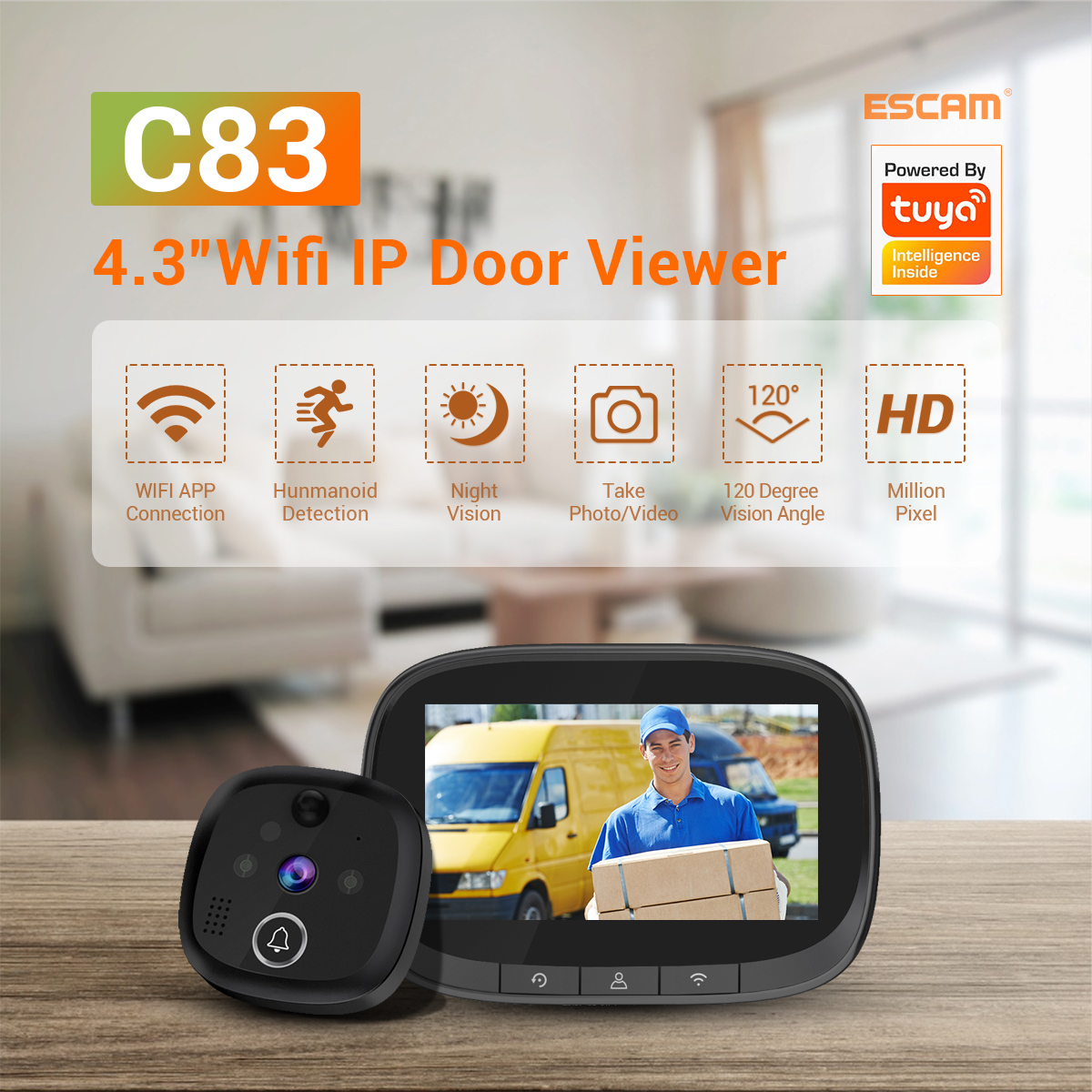 ESCAM C83 Wireless Doorbell 4.3inch WIFI IP Door Viewer HD Night Vision 120° can Take Photo and Video PIR Motion Detection Two Way Audio