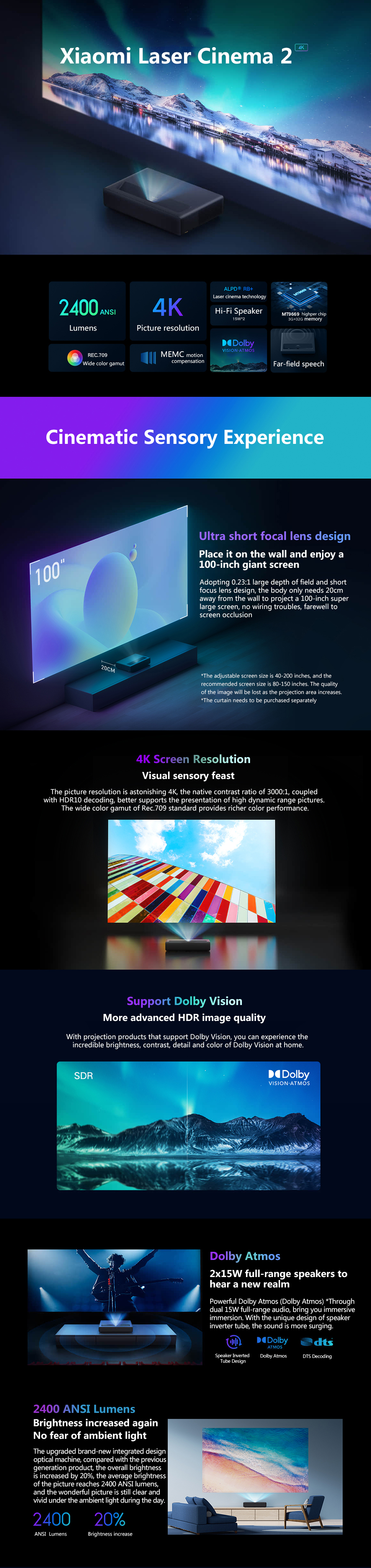 Xiaomi  Laser Cinema 2 UST 4K UHD Physical 2400 ANSI Lumens ALPD RB+ Dolby DDR4 3+32GB eMMC ROM  Electric Focus Android 9.0 150 inch Laser Smart TV MEMC 5G Wifi Bluetooth 5.0 Projector Home Theater Movie