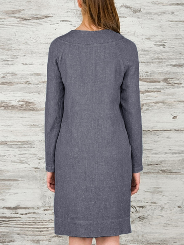 Women Casual Long Sleeve V-neck Loose Pockets Mini Dress