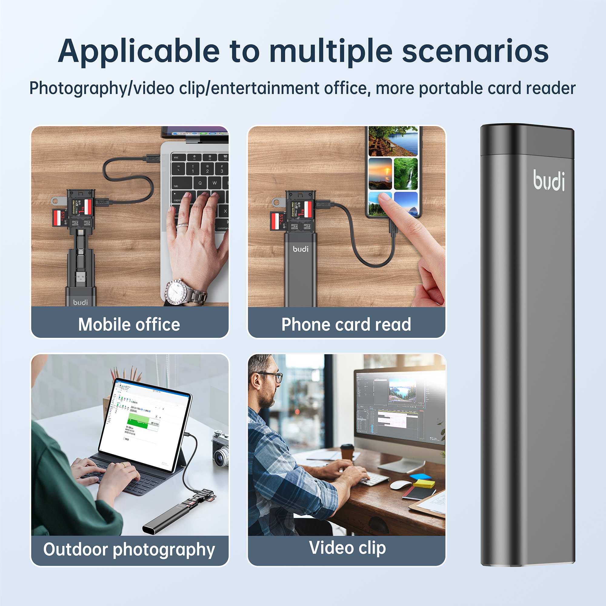 BUDI Multifunctional 9-in-1 SD Card Reader Cable and USB 3.0 Type-C Phone and External Camera and Computer Adapter with OTG Sync Charging and 5Gbps Transfer Memory Card High Speed Card Reader
