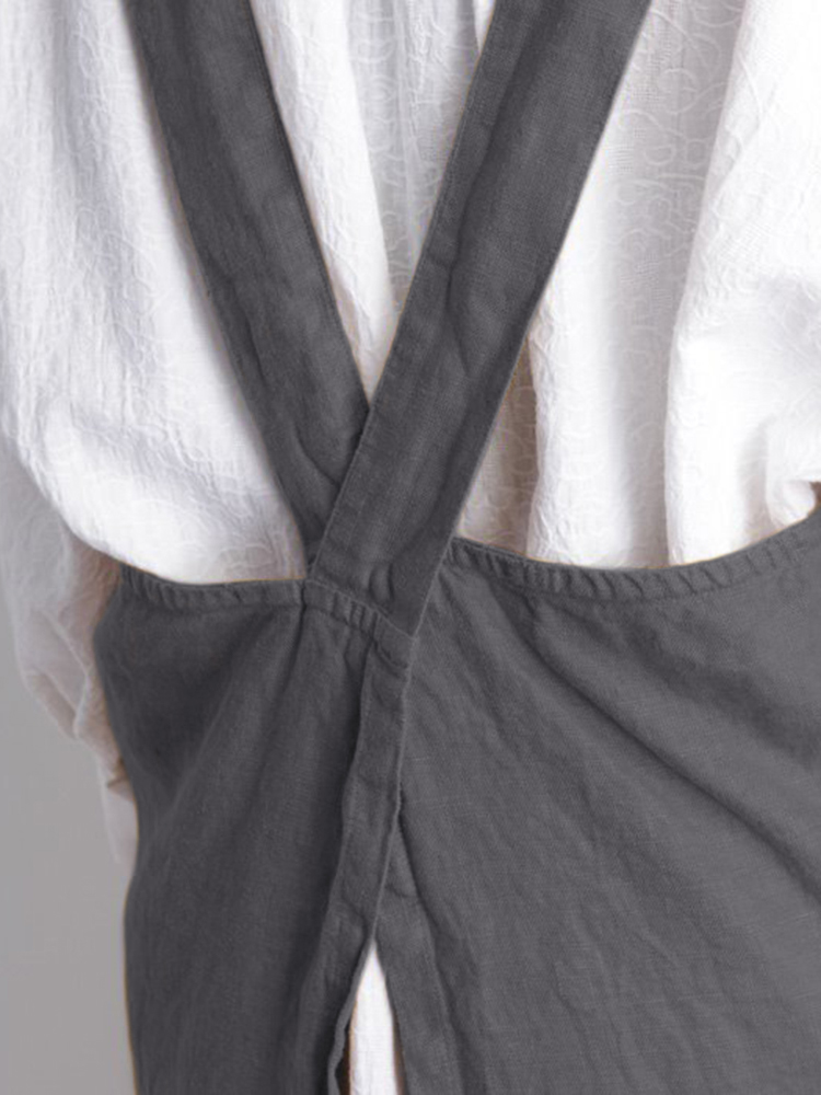 Women Sleeveless Back Cross Pockets Vintage Apron Dress