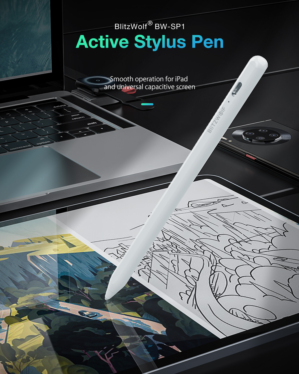BlitzWolf® BW-SP1 Rechargeable Active Stylus Digital Pen with Palm Rejection for iPad Universal Tablet Smartphone Capacitive Screen