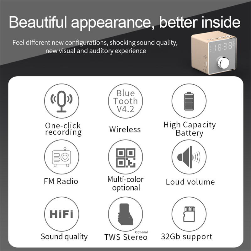 Mini Alarm Clock Bluetooth Recording Repeater Speaker Shock Bass HIFI Music Player Support FM TF USB 70