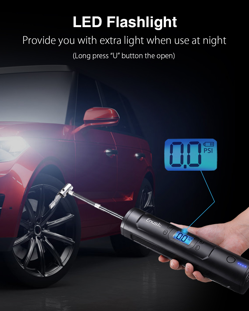 Enusic™ 7800mAh Cordless 25L/min 150PSI Portable Air Compressor Pump LED Power Bank Digital Tyre Inflator For Motorcycle Car Auto Bicycle