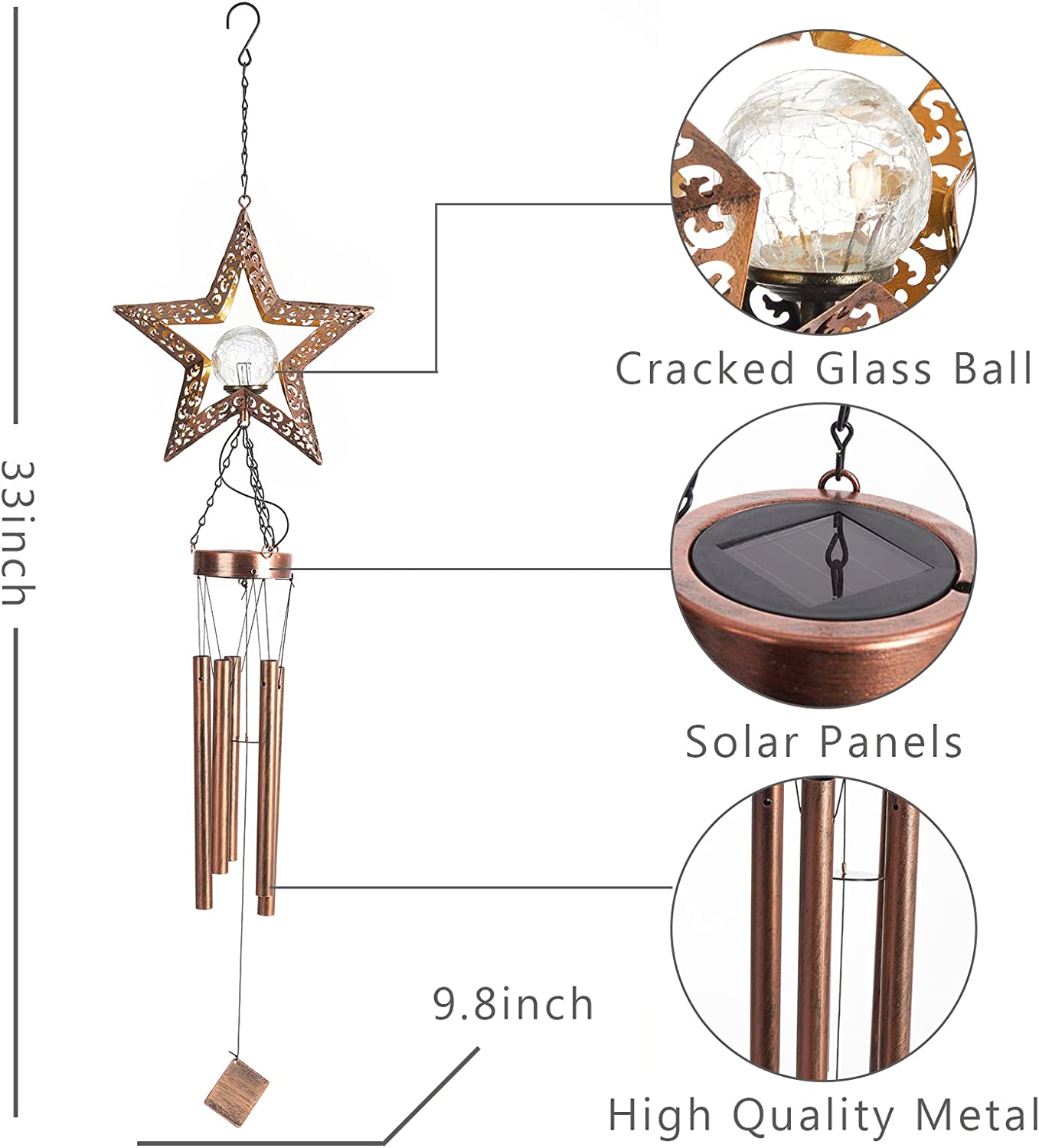 Solar Metal Star Wind Chime Outdoor Waterproof Hanging Crackle Glass Ball Lights Memorial Star Windchimes Decoration Garden Home Lawn Patio Unique Decor Gifts