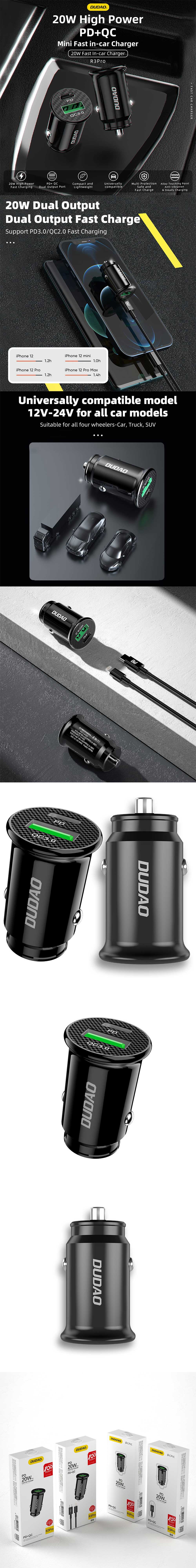 DUDAO R3pro PD20W 2-Port USB PD Car Charger Adapter 20W USB-C PD+QC3.0 Support AFC FCP SCP Fast Charging for iPhone 12 13 14 14Pro 14 Pro Max for Samsung Galaxy S23 for Huawei Mate50 for Xiaomi 13pro for Oppo Reno9