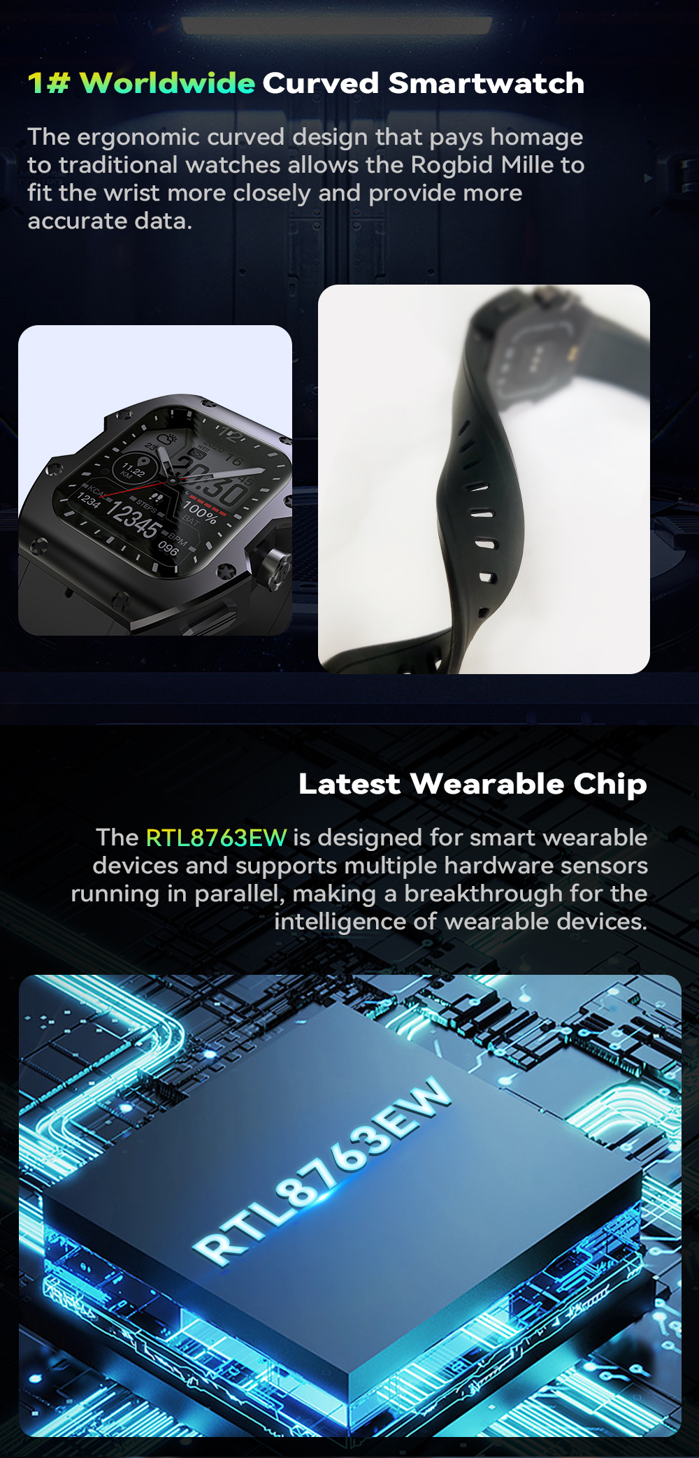 [75 Days Standby]Rogbid Mille 1.91 inch IPS 5ATM IP69K Waterproof BT5.3 Heart Rate Blood Pressure SpO2 Monitor Fitness Tracker Outdoor Rugged Smart Watch