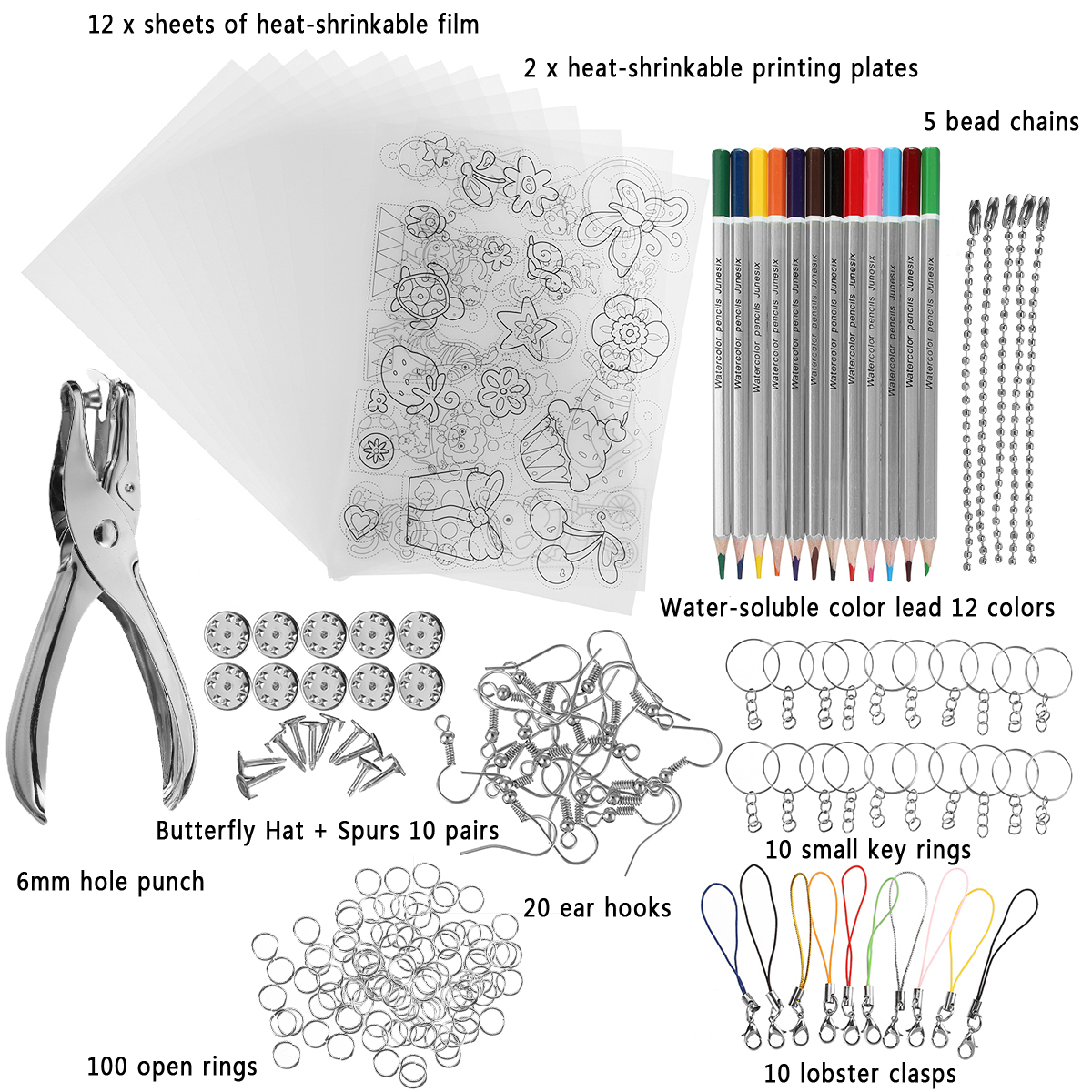 182Pcs Heat Shrink Plastic Sheets Kit Shrinky Art Paper Hole Punch Keychains DIY