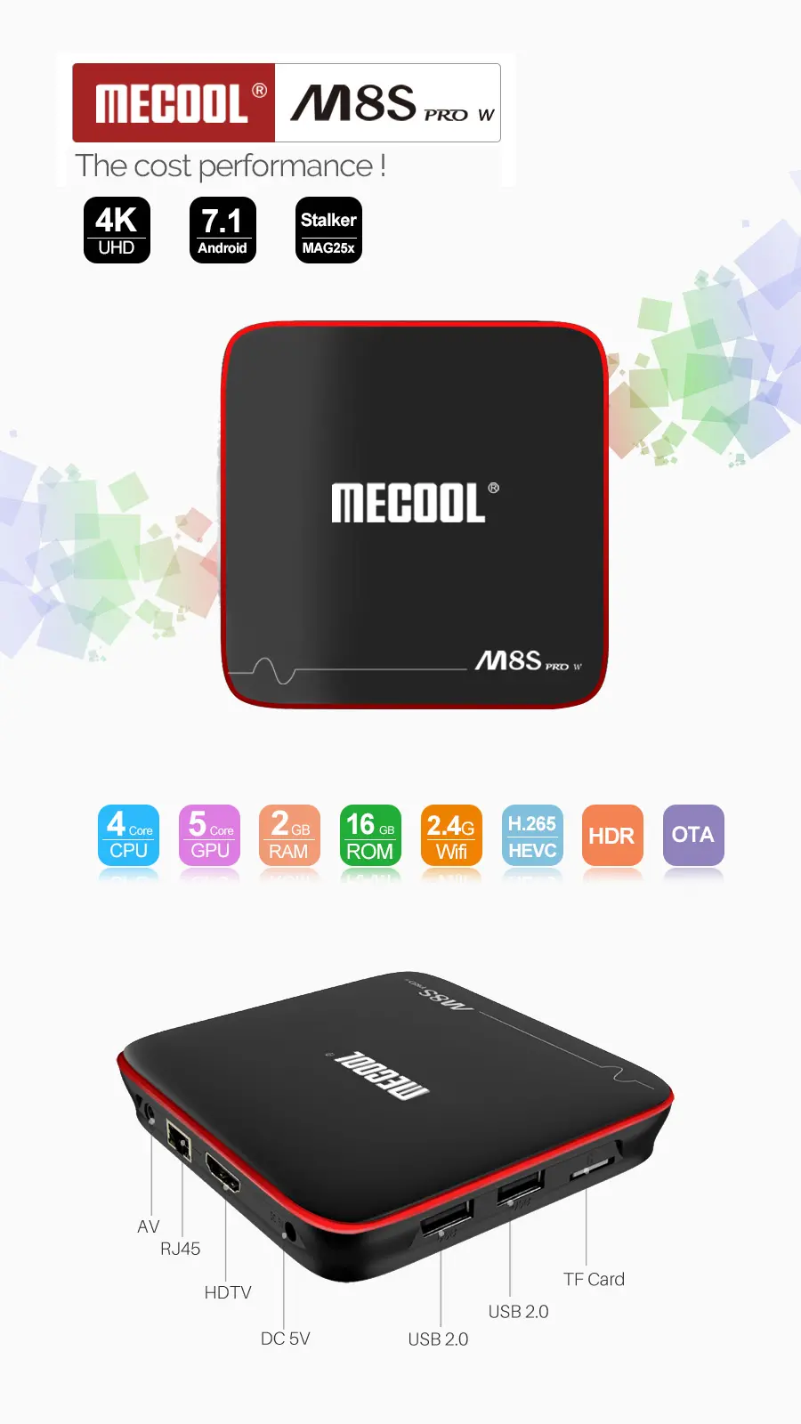 MECOOL M8S PRO W Android 7.1 TV BOX 2G+16G S905W Quad Core 3D WiFi 4K HD Media 