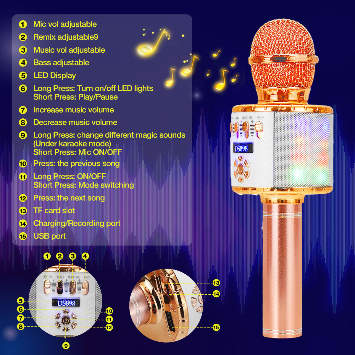 Bakeey DS898 3-IN-1 Wireless Microphone 2*13W HIFI bluetooth Speaker TF Card 2600mAh Luminous Handheld Mic Recorder Singing Player for KTV K Songs