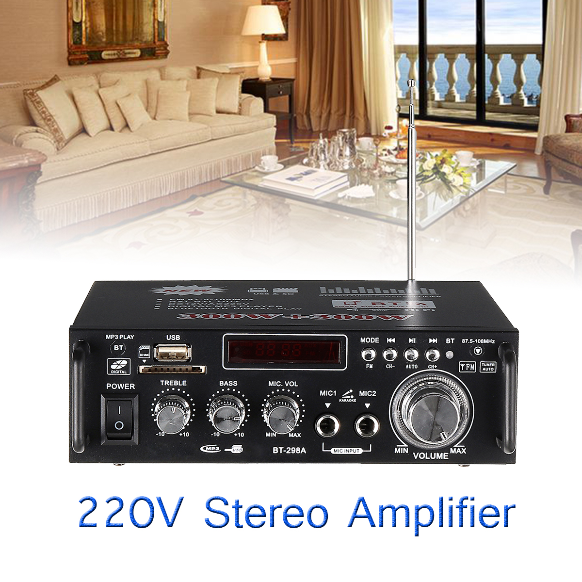 HIFI 220V 12V CH2.0 Home Car Amplifier bluetooth Signal to Noise Ratio 90BP With Remote Control