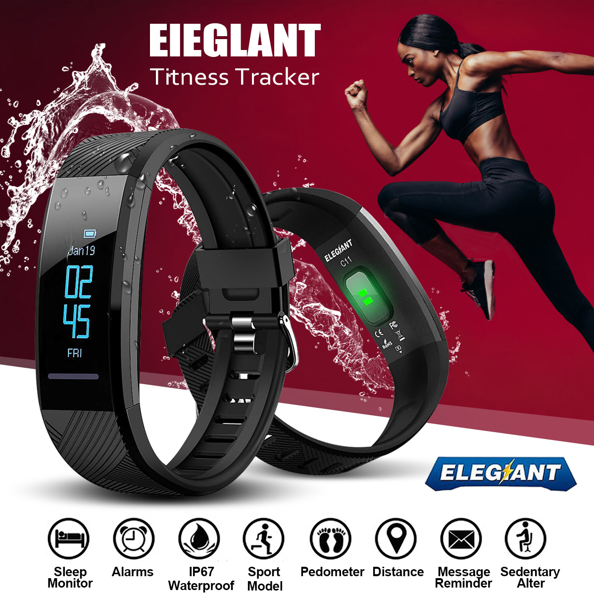 ELEGIANT C11 0.87inch Smart Watch Waterproof bluetooth USB Rechargeable Touch Fitness Tracker 3 Sport Modes Wristband