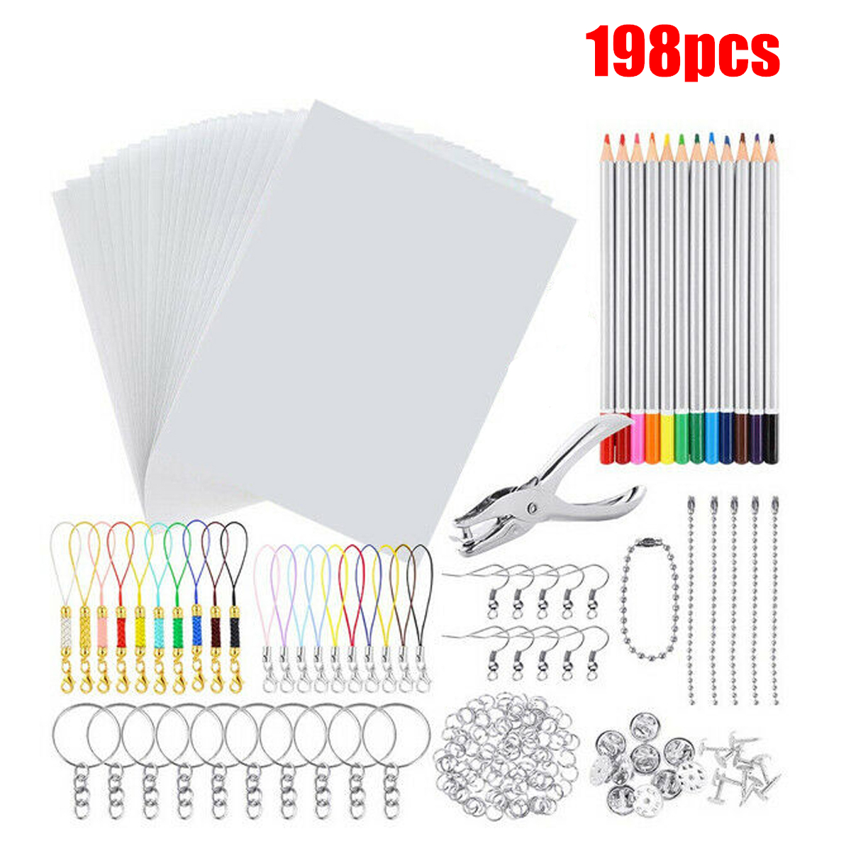 198Pcs/145Pcs/33Pcs DIY Heat Shrink Plastic Sheet Kit Shrinky Art Paper Hole Punch Keychains Pencils
