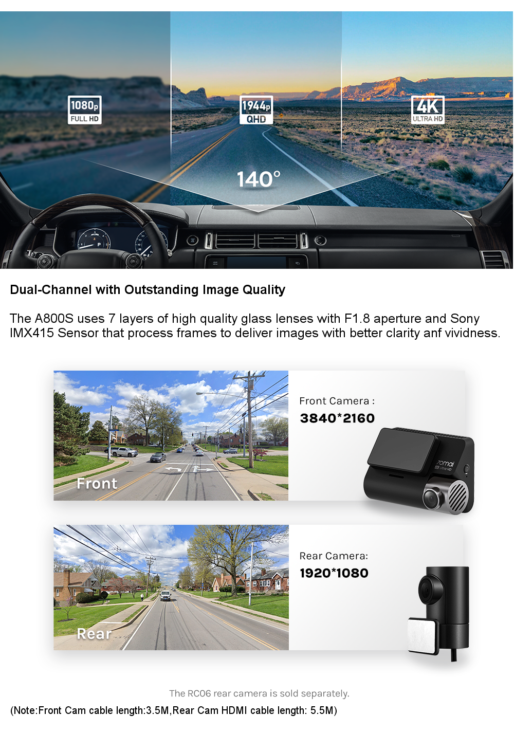 70mai 4K Dash Cam A800S Car DVR GPS ADAS 2160P UHD Support Rear or Interior Camera Recorder 24H Parking 140FOV