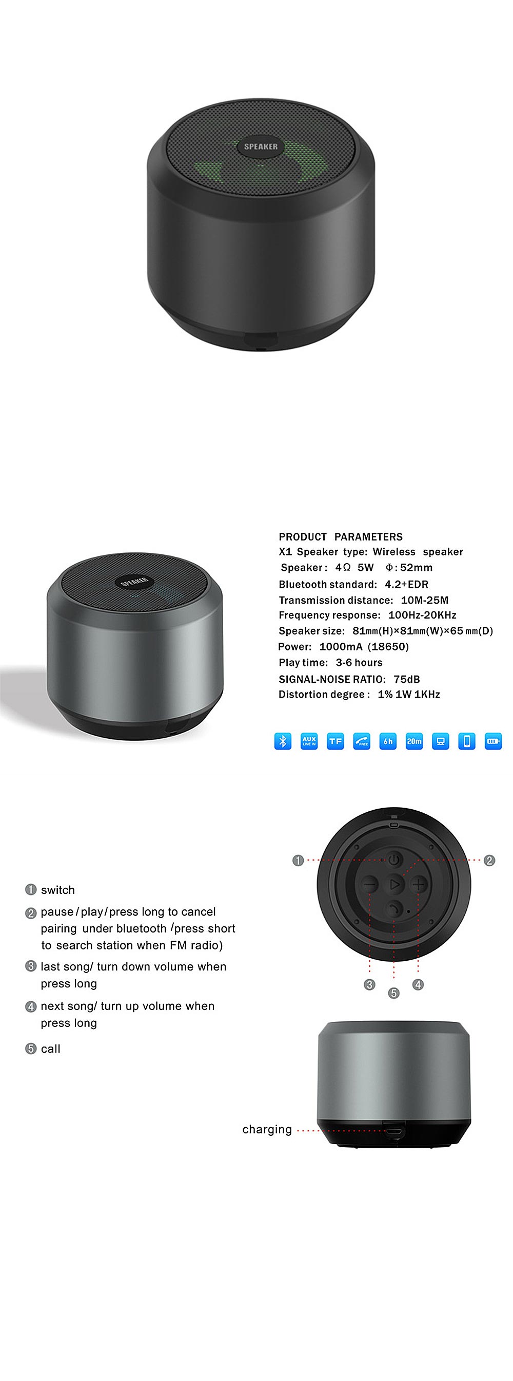 5W bluetooth 4.2 Speaker Portable Speaker 1000mAh Battery Mini Subwoofer Outdoor Wireless Speaker