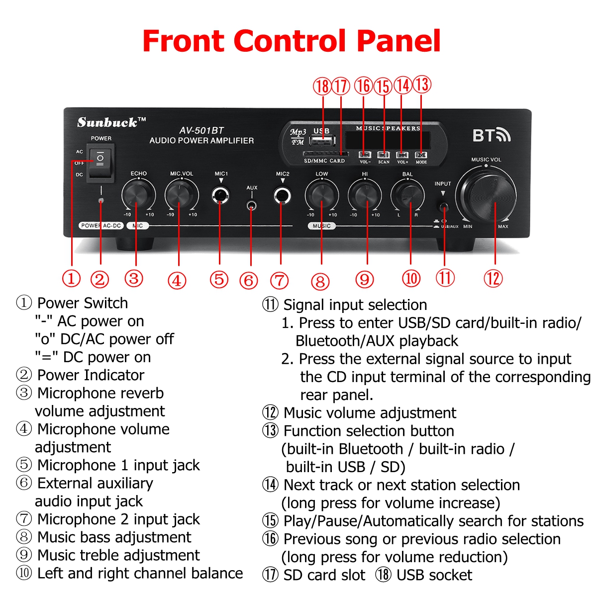 1200W 110V/220V bluetooth Dual Channel Karaoke Mic Input Digital Reverb Home Stereo Amplifier Support USB SD FM AUX Input