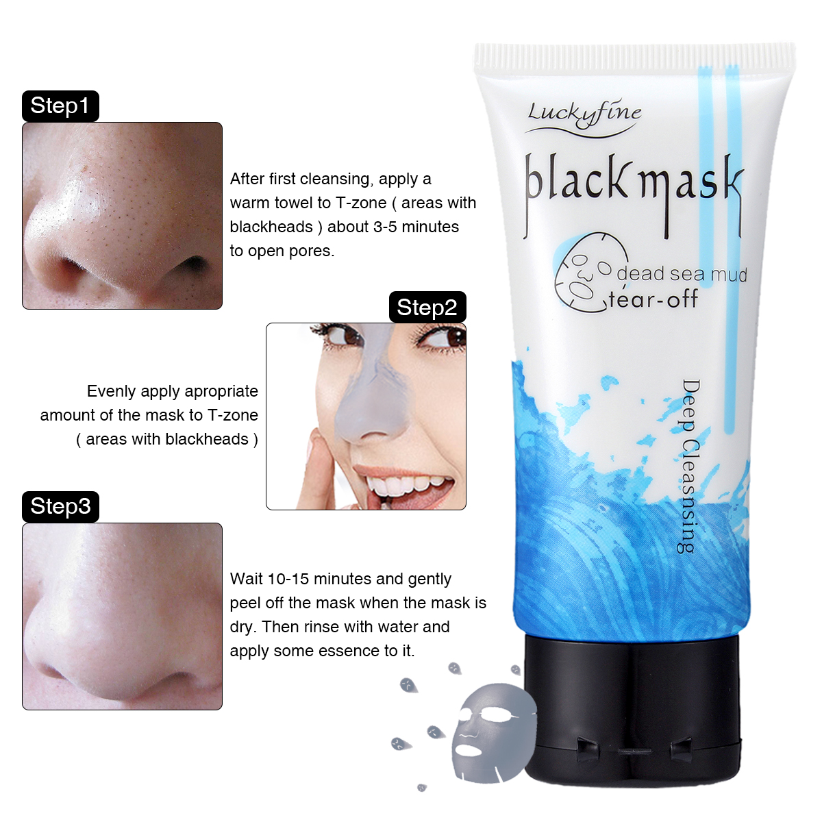 Luckyfine Dead Sea Mud Tear Off Mask Blackheads Removal Acne Deep Cleansing Facial Skin Care 