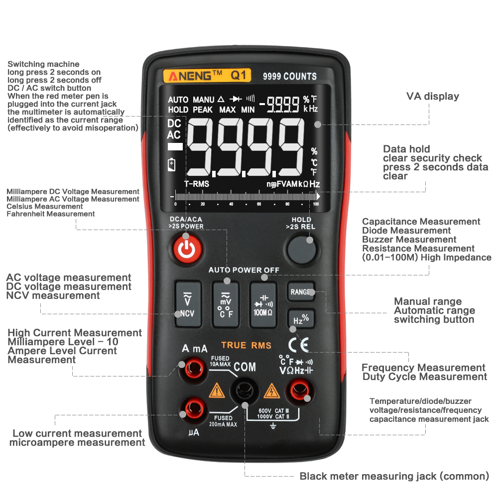 ANENG Q1 9999 Counts True RMS Digital Multimeter AC DC Voltage Current Resistance Capacitance Temperature Tester Auto/Manual Raging with Analog Bar Gr 47