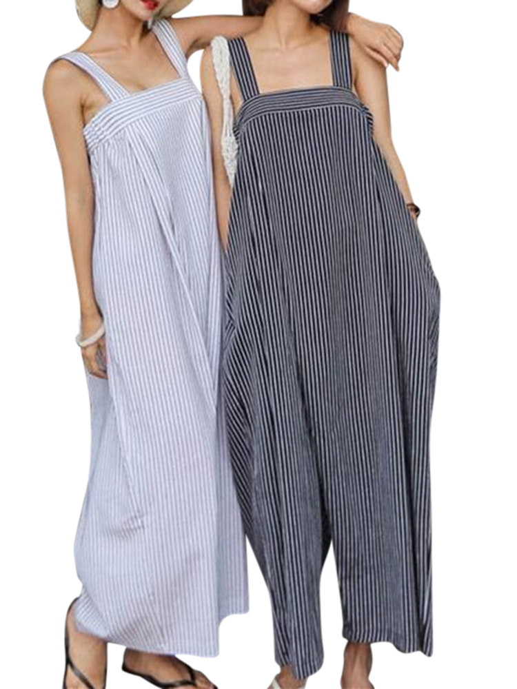 Women Sleeveless Straps Loose Casual Wide Leg Striped Jumpsuit