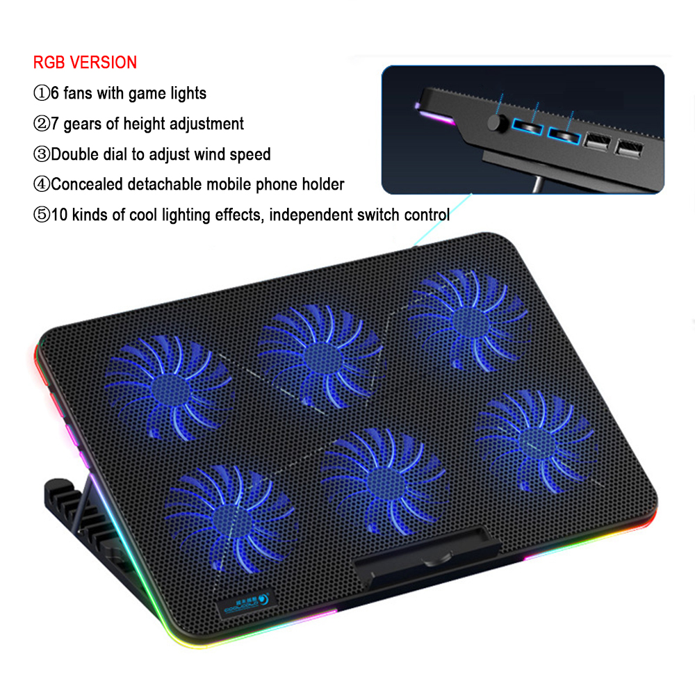 COOLCOLD Laptop Cooling Pads with RGB Lighting 6 Fans Mobile Phone Holder for Up to 17 inches Laptop