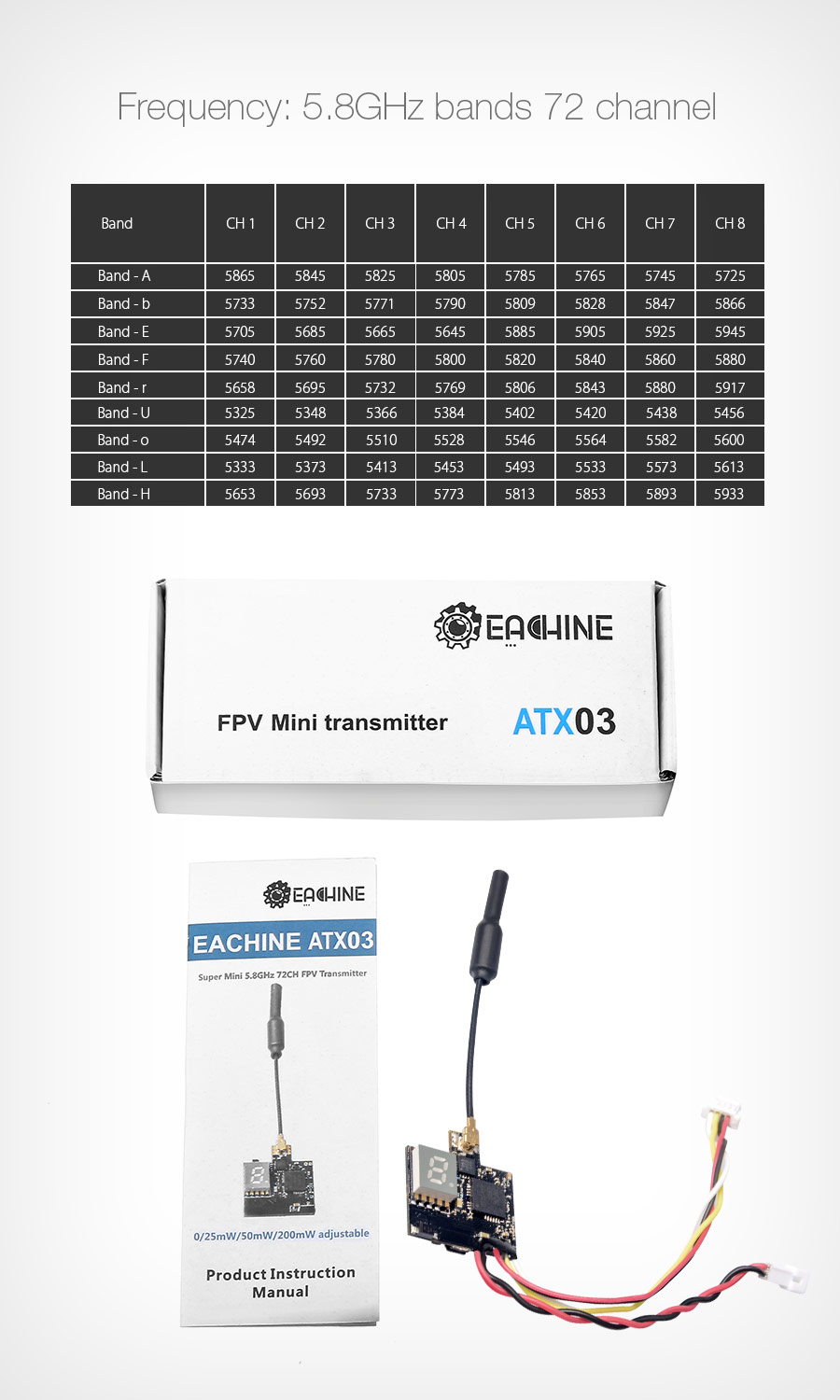 Eachine ATX03 Mini 5.8G 72CH 0/25mW/50mw/200mW Switchable FPV Transmitter w/ Audio for RC Drone - Photo: 6