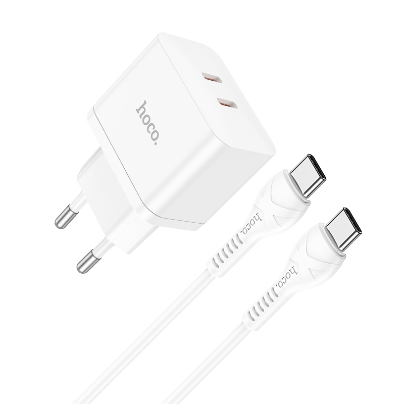 HOCO N29 35W 2-Port USB PD Charger Dual 35W USB-C Fast Charging Wall Charger Adapter EU Plug with 1m Long Type-C to Type-C Cable for Xiaomi Mi 10 Pro Huawei P50 for Samsung Galaxy Z Fold 2